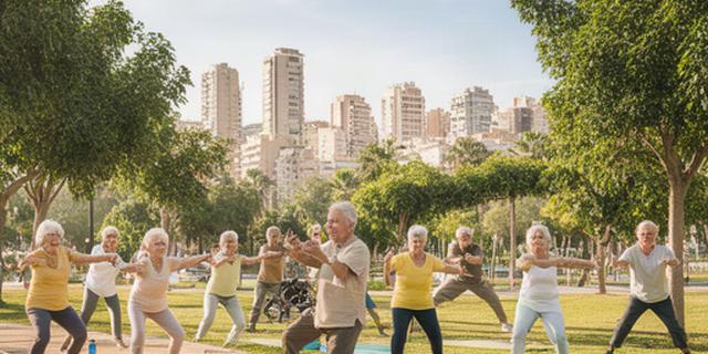 Grupo de vecinos realizando ejercicios suaves en un parque urbano de Benidorm