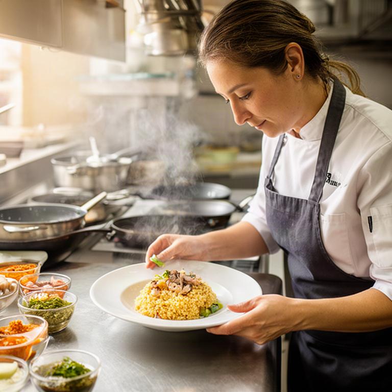 Chef local emplatando un arroz de temporada en la cocina abierta de un restaurante de Benidorm