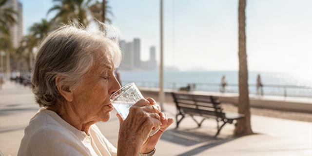 Persona mayor bebiendo agua a la sombra en un paseo marítimo de Benidorm durante el verano