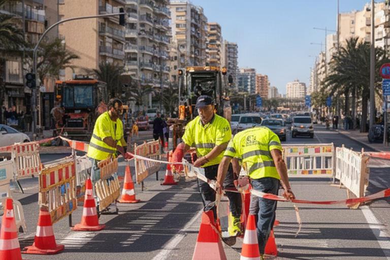 Operarios señalizando un corte de tráfico en la Avenida Madrid de Benidorm