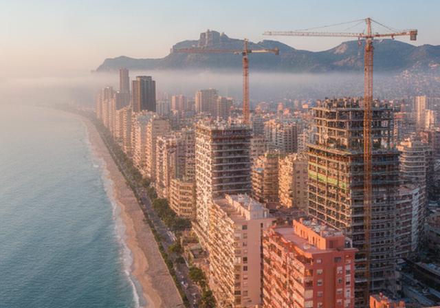 Vista aérea de Benidorm con edificios residenciales, costa y grúas de nuevas obras al amanecer