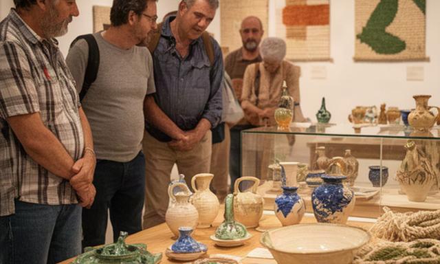 Visitantes observando piezas de artesanía mediterránea en una exposición de Benidorm
