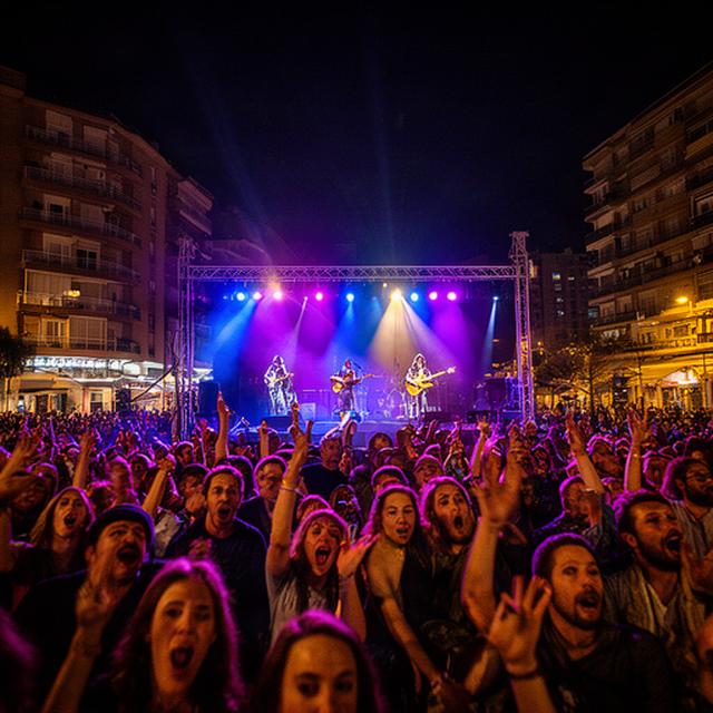 Público y músicos durante un concierto nocturno en una plaza de Benidorm