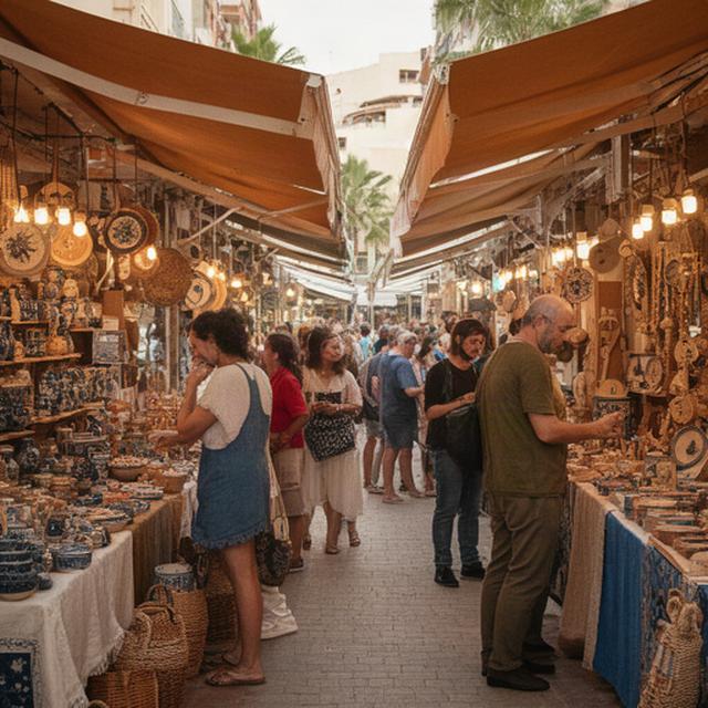 Puestos de artesanía y visitantes en una feria tradicional de Benidorm