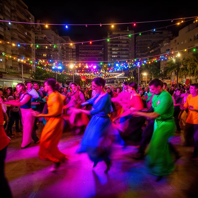 Bailarines participando en una fiesta popular con luces de colores en Benidorm