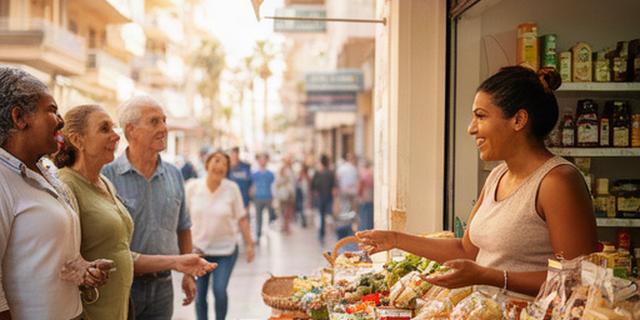 Mujer migrante atendiendo su pequeño comercio en una calle luminosa de Benidorm