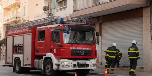 Camión de bomberos estacionado frente a un establecimiento del barrio de Levante en Benidorm