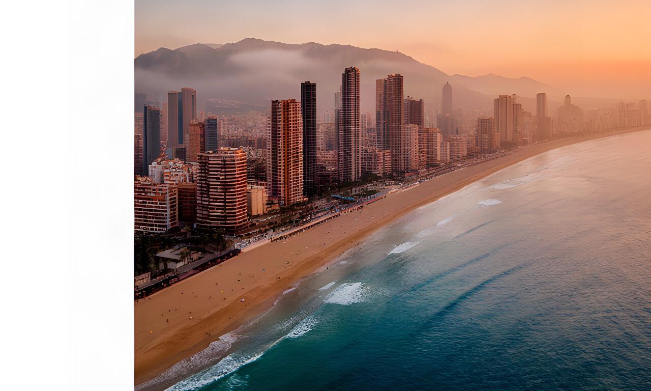 Vista aérea de Benidorm al amanecer con sus rascacielos, la playa de Levante y el Mediterráneo