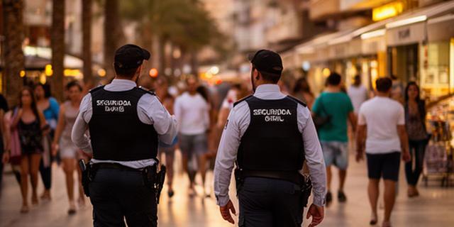 Agentes de seguridad ciudadana patrullando una calle concurrida de Benidorm al atardecer