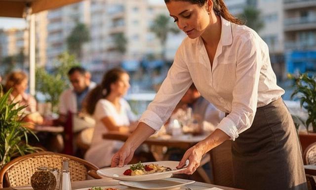 Camarera sirviendo una mesa en una terraza de hostelería del centro de Benidorm
