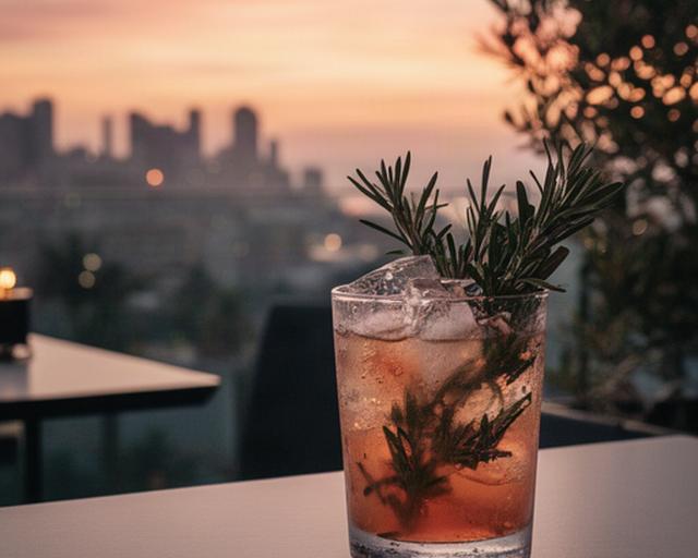 Cóctel de autor con hierbas mediterráneas servido al atardecer en una terraza del Rincón de Loix