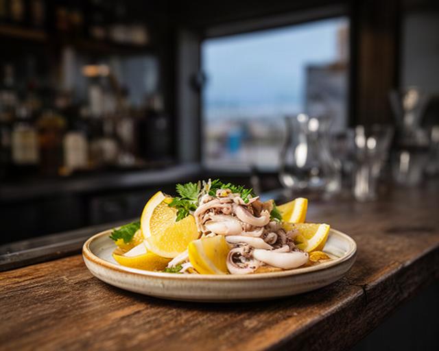Tapa de producto de temporada sobre una barra de madera en un bar de Playa de Levante