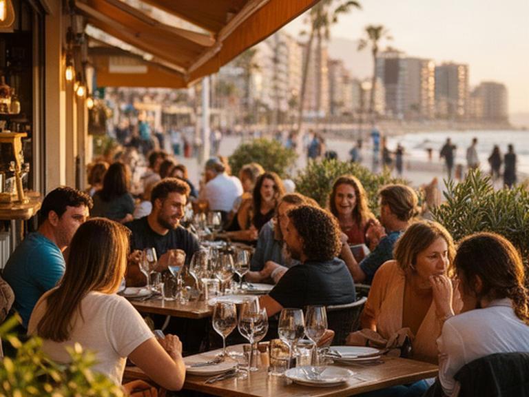Terraza concurrida de un negocio de Benidorm al atardecer, con clientes y ambiente mediterráneo