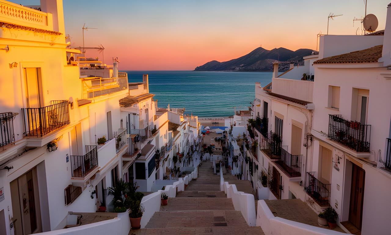 Casco antiguo de Benidorm al atardecer, con sus calles blancas y el Mediterráneo al fondo