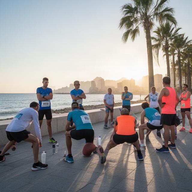 Grupo de corredores preparados para una prueba deportiva junto al mar en Benidorm