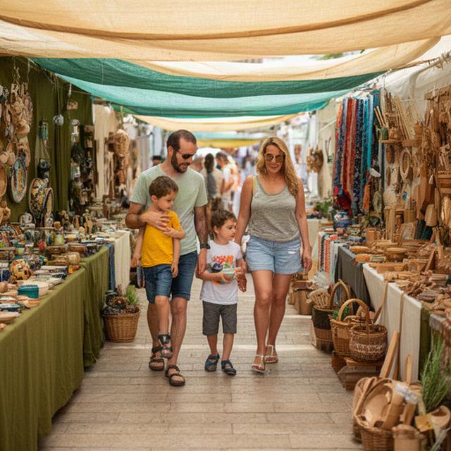 Familia paseando entre puestos de una actividad cultural en Benidorm