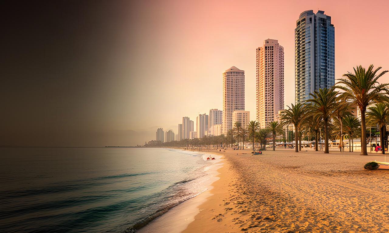 Playa de Levante de Benidorm al amanecer, con palmeras, arena dorada y rascacielos junto al mar